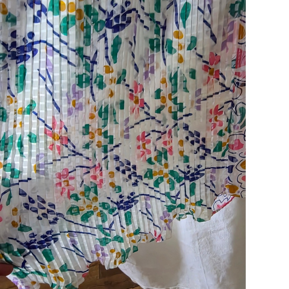 Vintage 80's Mosaic Floral Mixed Print Pleated Sheer Midi Dress Small Vivid Fun - Picture 6 of 14
